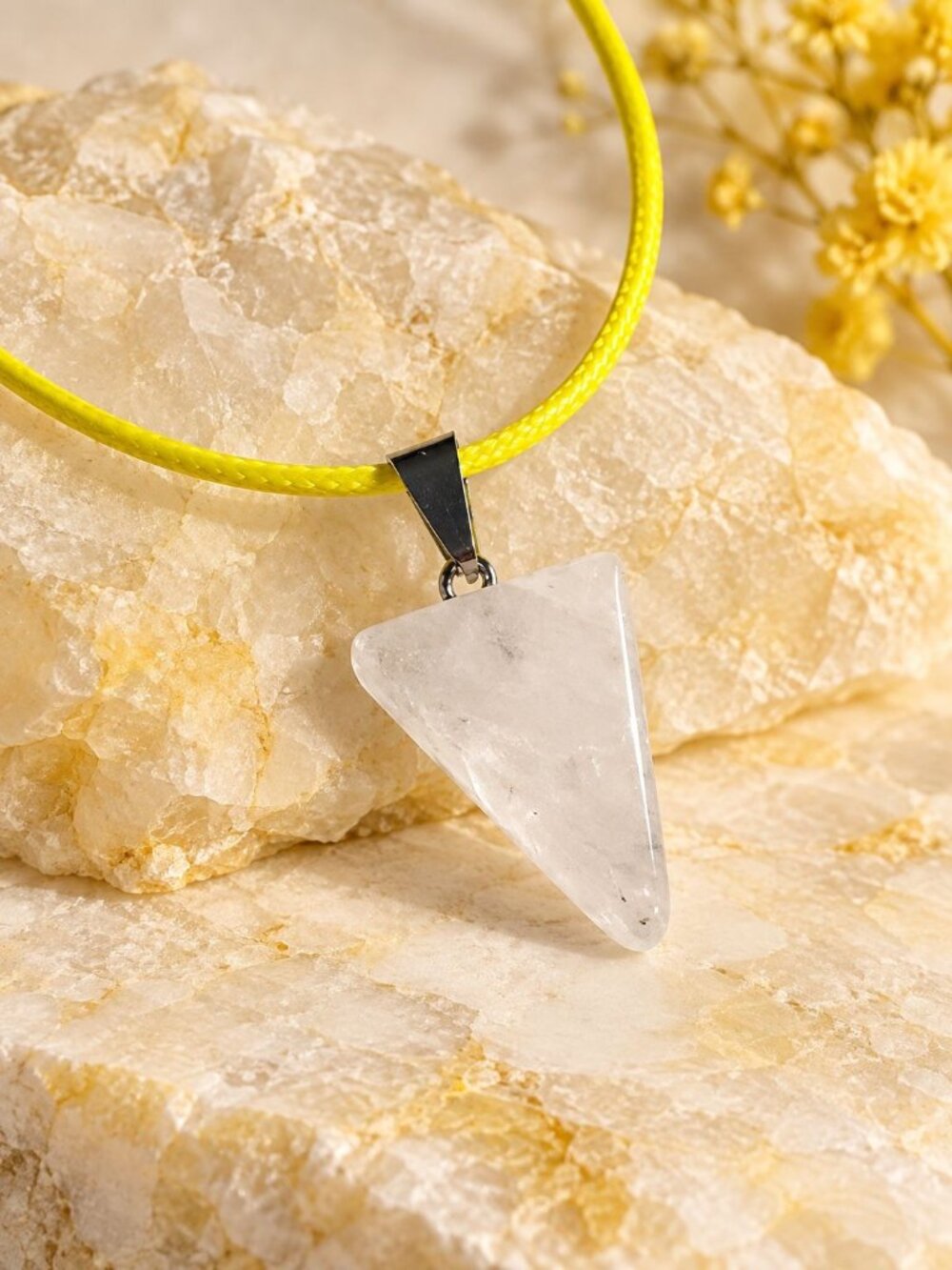 Triangle Clear Quartz Stone Pendant Yellow Cord Necklace Adjustable Chain
